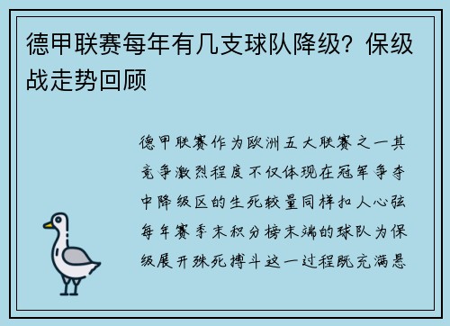 德甲联赛每年有几支球队降级？保级战走势回顾