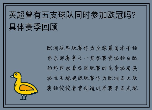 英超曾有五支球队同时参加欧冠吗？具体赛季回顾